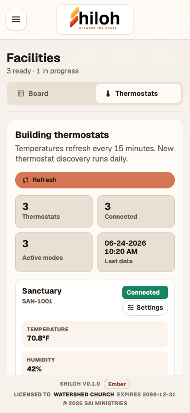 Shiloh mobile thermostat controls for building facilities