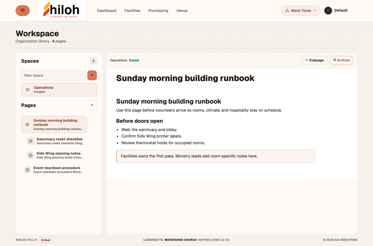 Shiloh workspace page with a Sunday morning building runbook